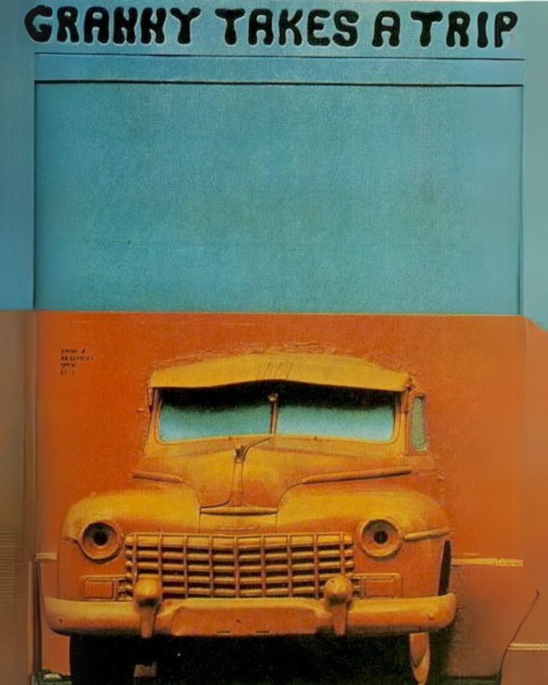 Granny Takes a Trip Shop window in 1969. bonnet of an orange vintage beetle coming through a wall